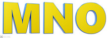 Font Story, Letters M, N, O, 3d Render Glosy Yellow And Blue. Path Save.