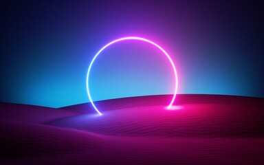 Poster - 3d render, abstract modern minimal neon background. glowing round frame with copy space, laser ring 
