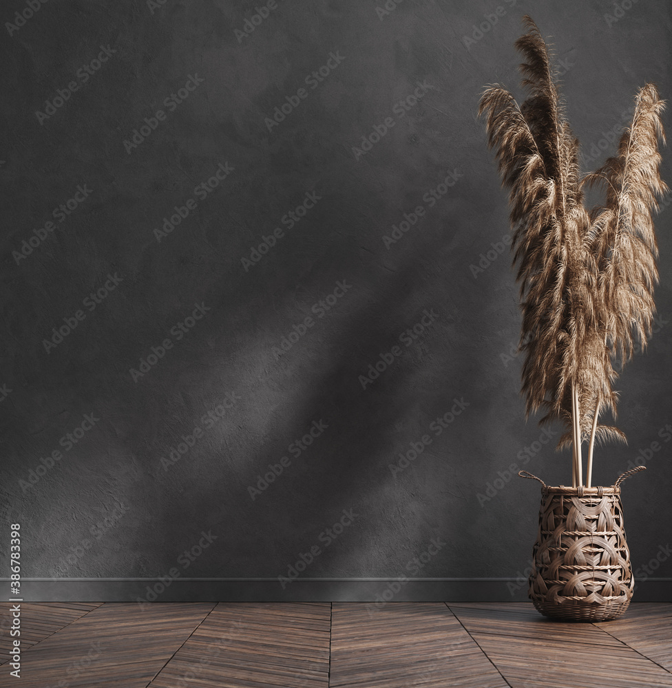 Modern industrial interior with pampas grass in basket, 3d render - obrazy, fototapety, plakaty 