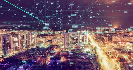 Poster - Smart city and communication network concept. 5G. IoT Internet of Things . Telecommunication. time lapse of evening city, beautiful cityscape