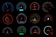 Car Dashboard Speedometer Or Speed Meter Dial Vector Icons Of Auto Racing Sport. Motor Vehicle Gauges Or Counters Of Car Instrument Panel, Colorful Dial Scales, Odometers, PRND, Oil, Battery Displays