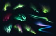 Aurora northern, polar and southern lights realistic vector on night sky background. Aurora polaris, borealis and australis with green, blue, pink and purple neon lights, shining rays and swirls