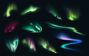 aurora northern, polar and southern lights realistic vector on night sky background. aurora polaris,