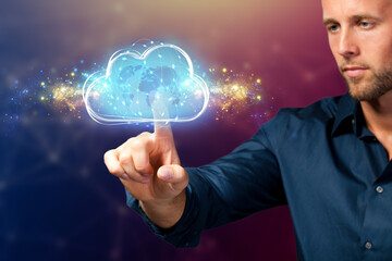 businessman interacting with a virtual cloud in front of blue background