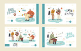 Fototapeta Koty - Characters Winter Fishing Landing Page Template Set. Fishermen on Ice with Rod Having Good Catch. People Catching Fish