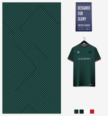 Fabric pattern design. Geometric pattern on green background for soccer jersey, football kit or sports uniform. T-shirt mockup template. Abstract sport background.