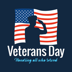 Poster - happy veterans day, soldier saluting and text honoring all who served with american flag