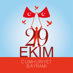 Poster - 29 ekim Cumhuriyet Bayrami kutlu olsun, turkey republic day, character with flags and flying birds