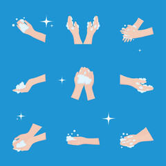 Wall Mural - global handwashing day, collection icons hands washing bubbles