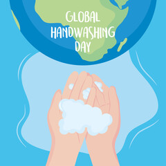 Wall Mural - global handwashing day, hands bubbles and planet with lettering