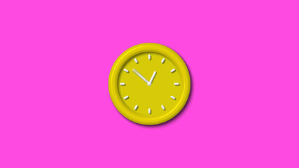 Amazing yellow color 3d wall clock isolated on pink background, 2 hours 3d wall clock