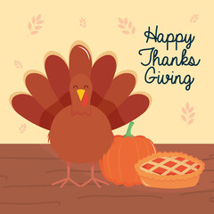 Wall Mural - happy thanksgiving colorful design with cartoon turkey and apple pie