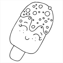 Cute Popsicle Ice Cream On A Stick With Eyes, Cute Drawing For Kids, Vector Element, Coloring Book, Kawaii Sweets