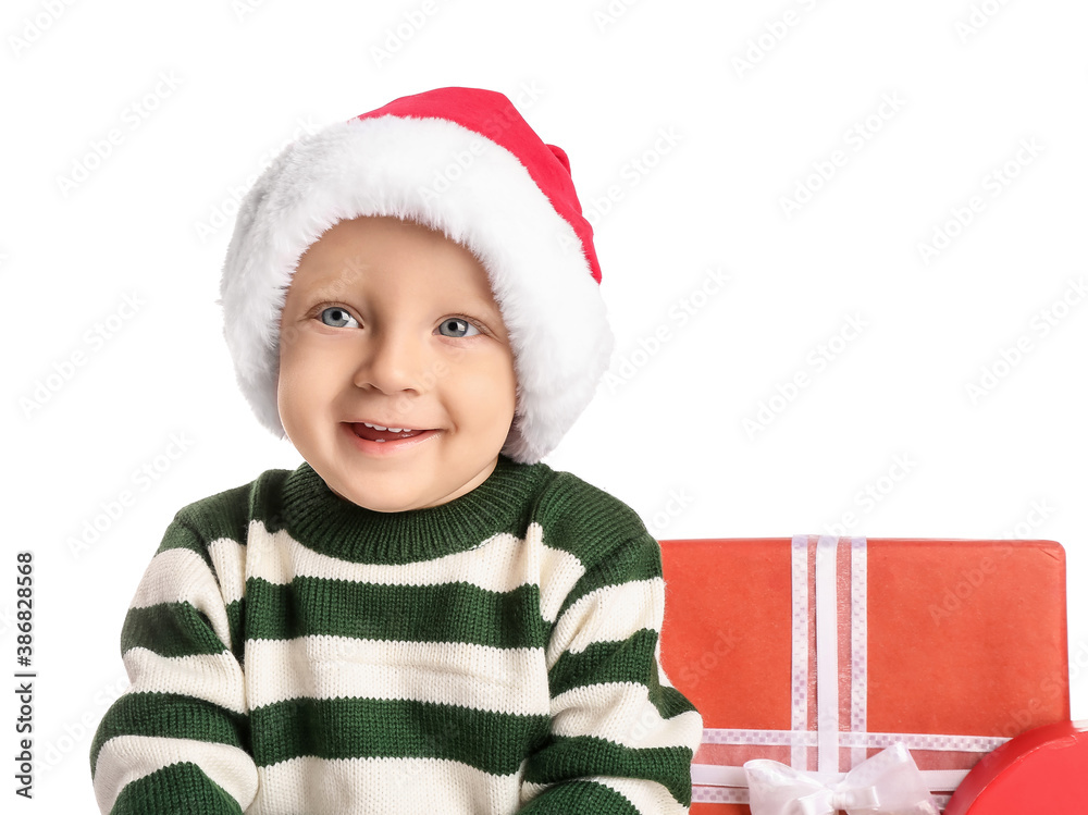 Cute little baby in Santa hat on white background