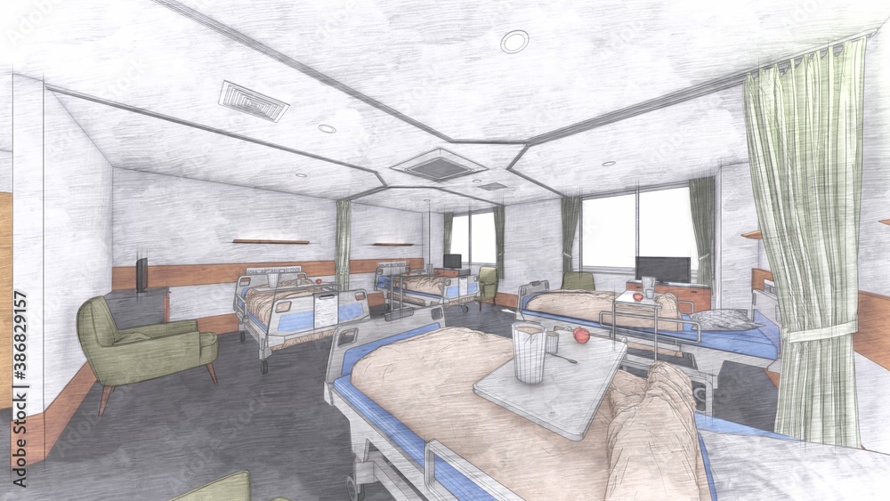 病院 病室 テーブル有り 食べ物あり 人なし 布団有り イラスト81 Do Biura Fototapety