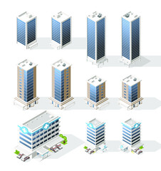 Poster - Set of Isometric High Quality City Building with Shadows on White Background . Isolated Vector Elements