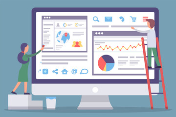 Fototapete - Web analytics information and development website statistic. Web CMS analysis measure, product testing technology, big data analytics. Dashboard site seo optimization. Digital marketing reports, flat