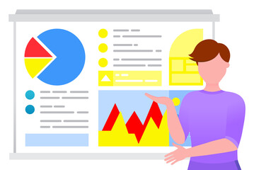Fototapete - Man stand and explain statistics charts and diagrams on presentation. Person telling about project strategies and analytics. Lady alone on startup demonstration. Vector illustration of appointment