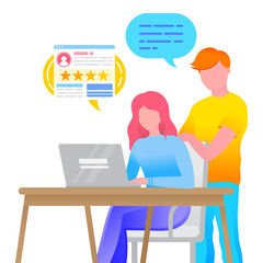 Fototapete - People communicating with computer for learning search webpage. Person working with online application in laptop. Man and woman characters with message and interface social network icon vector