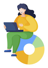 Fototapete - Woman sitting alone and typing on laptop keyboard. Icon of diagram with colorful segments under manager. Lady work on computer on analytics graphic for presentation. Vector illustration in flat style