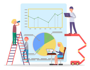 Fototapete - Big board with analytics data, charts and colorful diagrams. Man stand on ladder and watch information. Financial and statistics reports. Woman work on laptop. Vector illustration in flat style