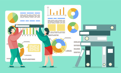 Fototapete - Man and woman holding folder with papers. People doing paperwork at office together. Big document cases with reports. Business analytics charts and diagrams on board. Vector illustration in flat style