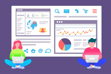 Fototapete - Web analytics information and development website statistic. Web CMS analysis measure, product testing technology, big data analytics. Dashboard site seo optimization. Digital marketing reports, flat