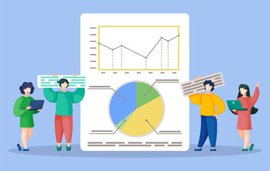 Fototapete - People looking at statistics diagrams on board and exploring it. Men and women presenting business report with analytics and financial charts and graphics. Vector illustration of appointment in flat