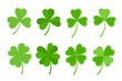 Green clover leaf flat style design vector illustration set. St Patricks Day shamrock symbols decorative elements.