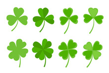 Green Clover Leaf Flat Style Design Vector Illustration Set. St Patricks Day Shamrock Symbols Decorative Elements.
