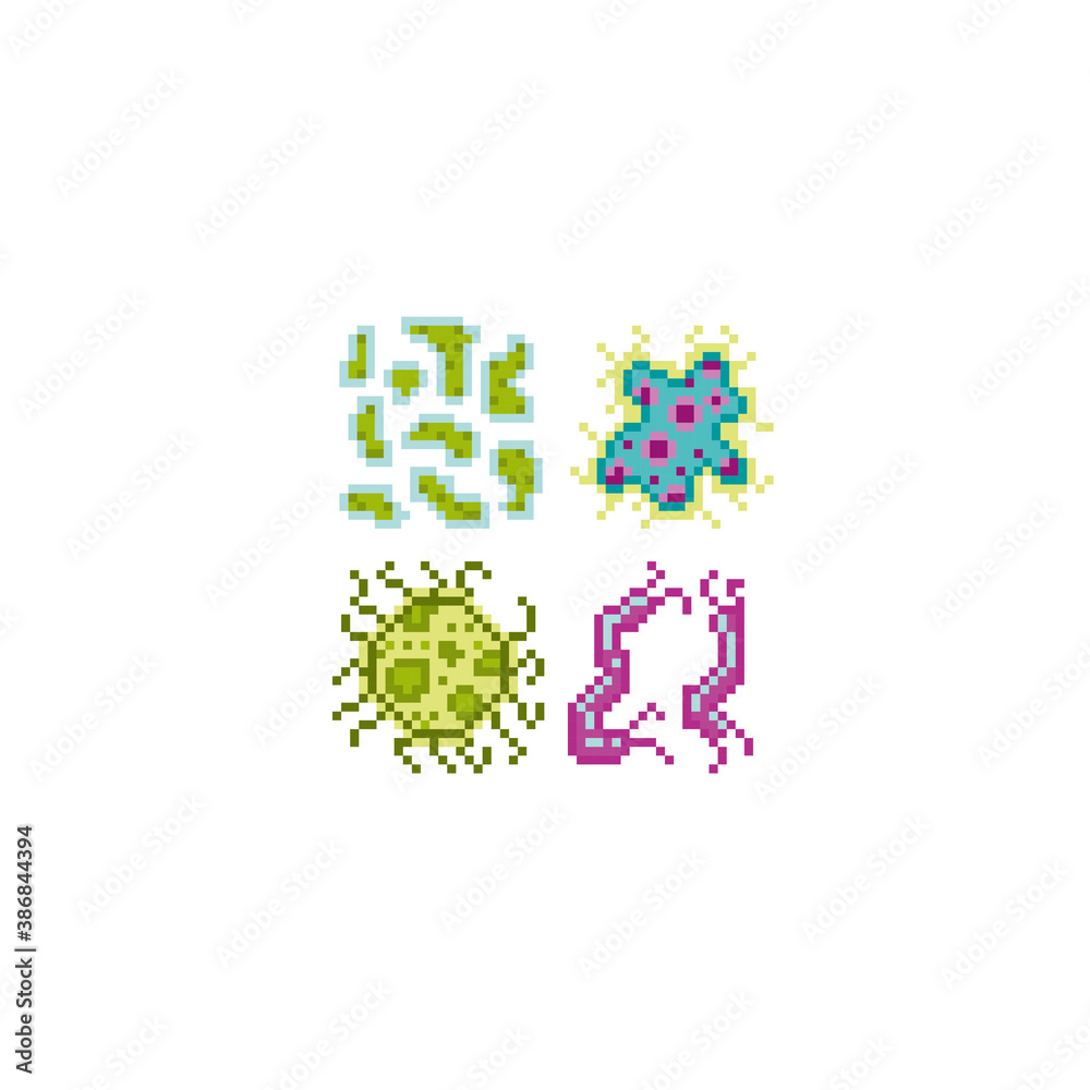 Bacteria and microbe pixel art icons set. Viral molecules. Micro ...