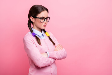 Canvas Print - Profile photo of pretty student lady hold hands crossed good mood self-confident person young professional wear shirt pullover specs isolated pastel pink color background