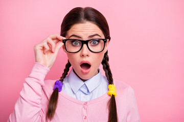 Sticker - Close-up portrait of her she nice-looking attractive lovely pretty amazed brown-haired teen girl geek touching specs message information news reaction isolated over pink pastel color background