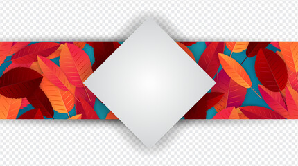 Wall Mural - Autumn banner or header with red and orange leaves on blue background. A white square tag with space for text. Vector illustration.