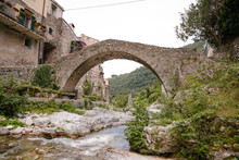 Zuccarello Architectures And Historical Bridge, Medieval Town Near Albenga, Liguria, Italy 