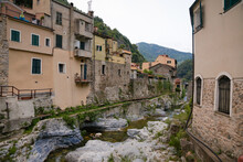 Zuccarello Architectures And Historical Bridge, Medieval Town Near Albenga, Liguria, Italy 