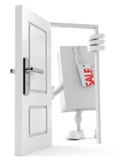 Sticker - Shopping bag character standing close to open door