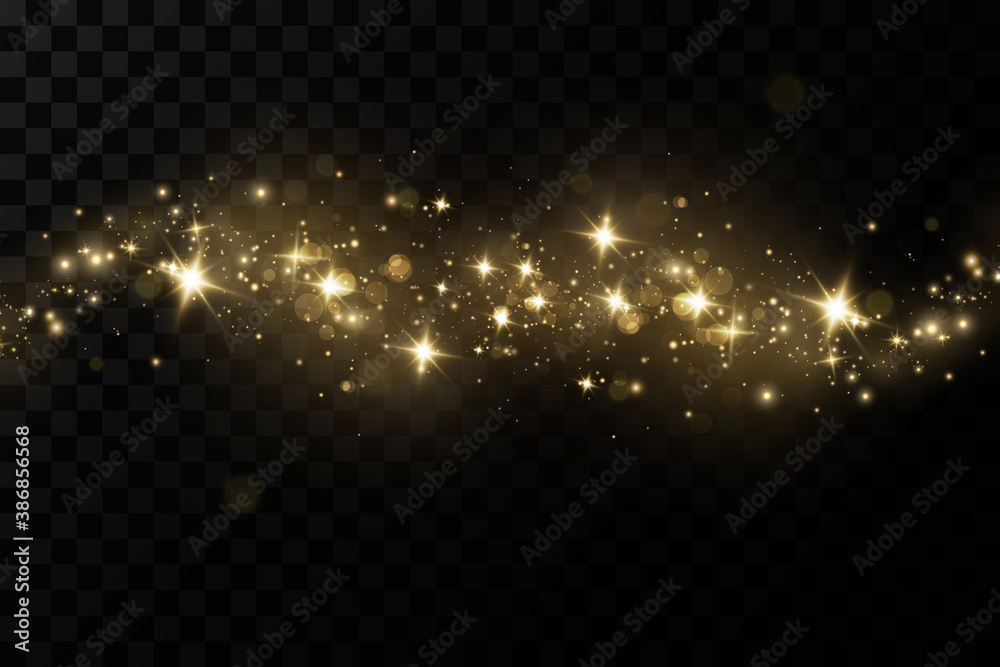 Glow light effect.  Vector sparkles on a transparent background. Christmas light effect. Sparkling magical dust particles.The dust sparks and golden stars shine with special light. - obrazy, fototapety, plakaty 