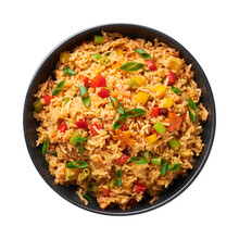 Veg Schezwan Fried Rice In Black Bowl Isolated On White Background. Vegetarian Szechuan Rice Is Indo-chinese Cuisine Dish With Bell Peppers, Green Beans, Carrot. Top View