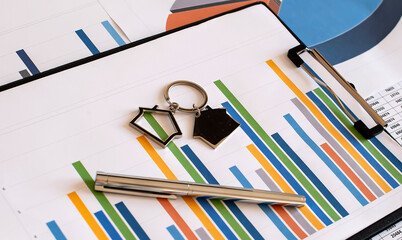 Poster - Business document Financial chart and graph with pen and glasses and key