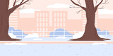 Fototapeta  - Snowy landscape panorama. Winter season city park zone with trees, walkway, cityscape. Cold weather holidays concept. Horizontal banner flat vector illustration. Cute vector natural background