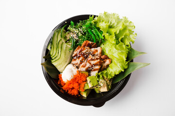 Wall Mural - Asian bowl with rice, vegetables and seafood