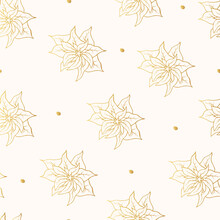 Merry Christmas Golden Seamless Pattern With Gold Poinsettia. Festive Holiday Texture. Vector Isolated Winter Flourish Background For Wrapping Paper Or Textile.