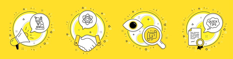 Poster - Architectural plan, Microscope and Atom line icons set. Megaphone, licence and deal vector icons. Quick tips sign. Technical project, Chemistry laboratory, Electron. Helpful tricks. Vector