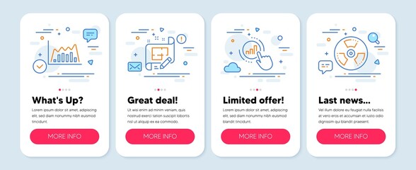 Poster - set of science icons, such as infographic graph, architect plan, graph chart symbols. mobile screen 