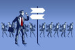 Businessman Standing in front of Street Sign Where Many Robot Employees Walk obediently. Business Illustration Concept of Business Critical Thinking