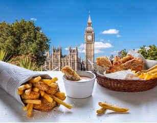Wall Mural - Big Ben against fish and chips served on the table in London, United Kingdom