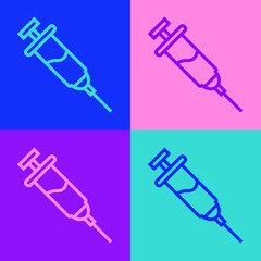 Canvas Print - Pop art line Doping syringe icon isolated on color background. Vector.