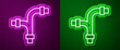 © Kostiantyn - Glowing neon line Industry metallic pipe icon isolated on purple and green background. Plumbing pipeline parts of different shapes. Vector.
