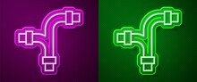Glowing Neon Line Industry Metallic Pipe Icon Isolated On Purple And Green Background. Plumbing Pipeline Parts Of Different Shapes. Vector.